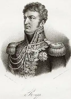 Black and white print labeled Rapp of a curly-haired man with long sideburns. He wears a dark military uniform covered with gold lace.