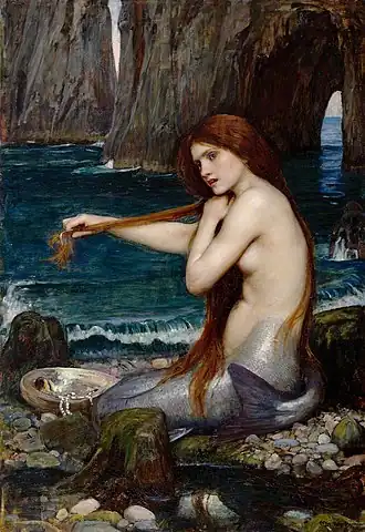 An oil painting of a mermaid brushing her hair
