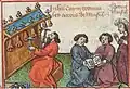 Circa 1440 A.D., France. Jubal with chime bells (cymbala), from Champion of the dames. Same style bell wrack as in Cantigas de Santa Maria image.