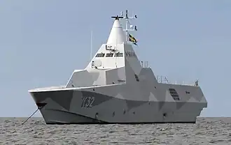 HSwMS&nbsp;Helsingborg, one of the Swedish Navy's Visby-class corvettes employs both visual camouflage and anti-radar stealth.