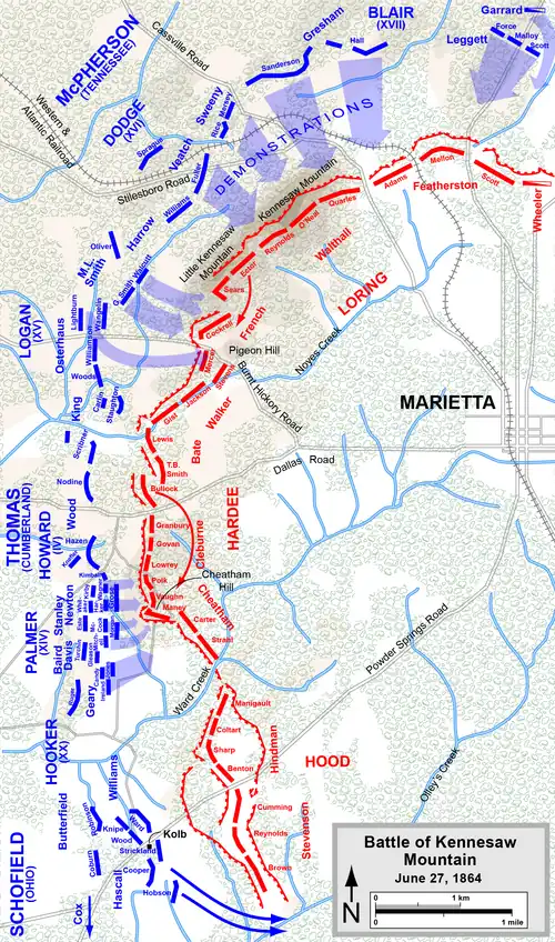 Map shows the Battle of Kennesaw Mountain.