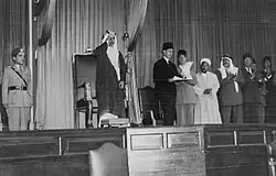 During the 1951 opening of the Jordanian Parliament. Also present are Prince Hussein (1st from left) and Prime Minister Tawfik Abu Al-Huda (3rd from left).