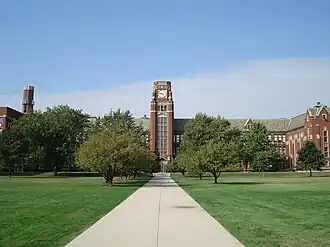 The clocktower of Lane Technical College Prep High School, located in the western part of the neighborhood.