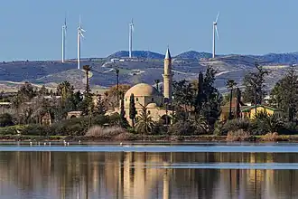 Hala Sultan Tekke Mosque in Larnaca, as seen from across the Larnaca salt Lake