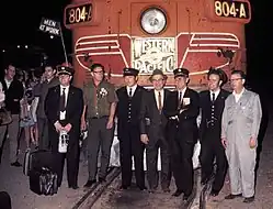 The crew of the last California Zephyr poses for a group photo after arriving in Oakland
