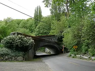Photograph of Lake Washington Boulevard passing under a concrete arch bridge in a vegetated setting