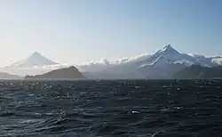Shishaldin (left) and Isanotski volcanoes on Unimak Island.