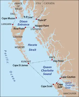 Map showing Dixon Entrance, Hecate Strait, Queen Charlotte Strait and Queen Charlotte Sound - the central portion of the Coastal Waters.