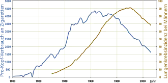 Graph showing that lung cancer rates rise and fall with cigarette consumption.