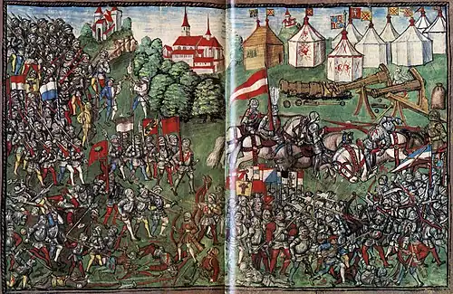 battle scene, over two pages