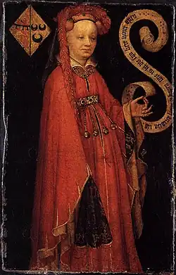 Portrait of Lysbeth van Duvoorde (?-1472) at the Museum Boijmans Van Beuningen, with this inscription : "Afbeeltsel van Juffer Lijsbeth van Duvoorde, Heer Dircks dochter".