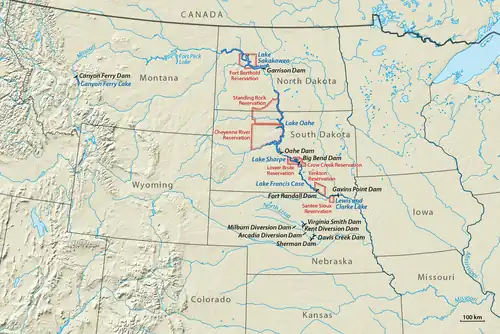 Location of Canyon Ferry Lake and other reservoirs and dams built in the Pick–Sloan Program since the 1940s.