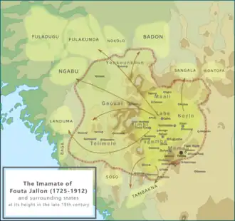 Map of the Imamate of Futa Jallon and its tributaries at its height