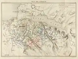 Map of the French (blue) and English (red) positions at Sebastopol, 1855.
