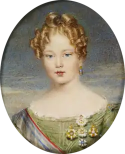 Painting showing the head and shoulders of a young woman wearing a lacey blue dress with auburn hair pulled back