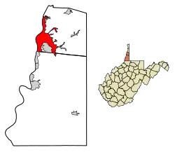 Location of Wheeling in Ohio and Marshall counties, West Virginia.