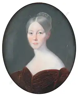 A miniature portrait on ivory of the 20-year-old operatic contralto Mary Shaw Postans (1814–1876). The miniature, attributed to Michele Albanesi (1816–1878), was painted in Naples in March 1834 and dedicated to her future husband, the English painter Alfred Shaw.