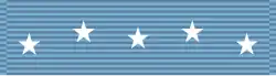A light blue ribbon with five white five pointed stars