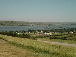 Chamberlain Bridge in the distance, taken from a rest stop on I-90