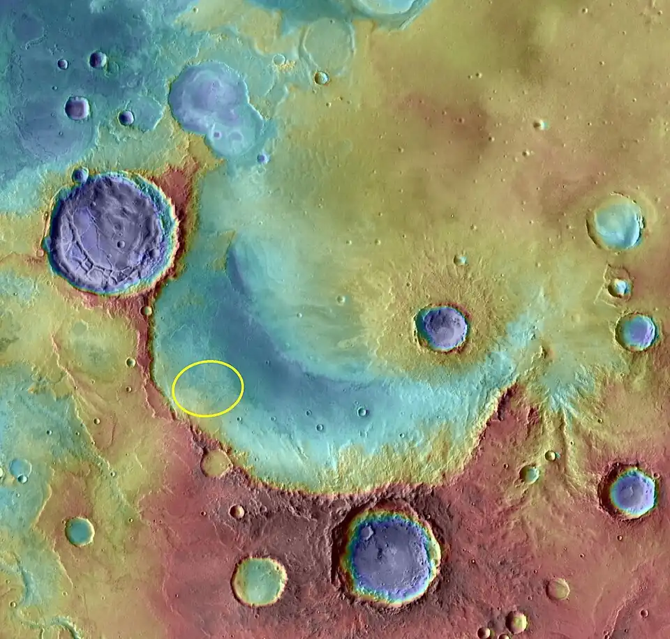 The proposed landing ellipse in Miyamoto when it was one of seven finalists under consideration as a landing site for MSL.[7] Gale was eventually chosen.