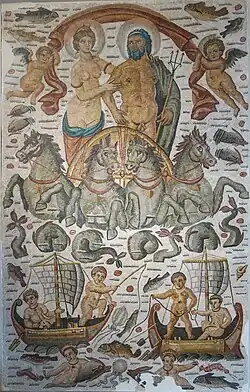 Triumph of Poseidon and Amphitrite showing the couple in procession, detail of a mosaic from Cirta, Roman Africa, 315–325 AD, Louvre