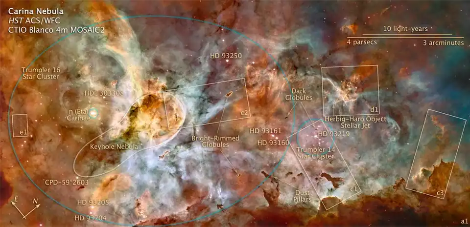 A 50&nbsp;light-year wide nebula containing star clusters, dust pillars, Herbig-Haro object stellar jets, bright rimmed globules and the Keyhole Nebula