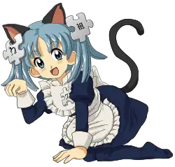 Illustration of Wikipe-tan as a catgirl. She is a young girl with blue hair, cat ears and a tail, wearing a maid dress with puzzle pieces similar to the Wikipedia logo, and is laying down on all fours with one hand forward posing as a cat.