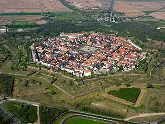 An aerial photograph showing the layout of the town and the way it was built as a fortification.