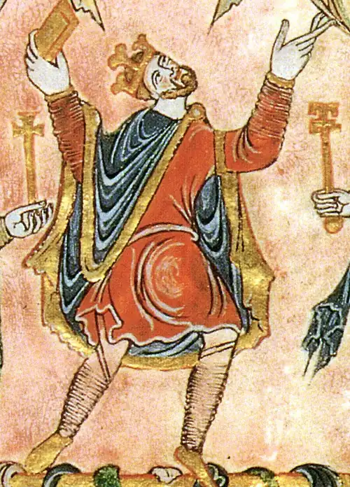 King Edgar, looking up with arms outstretched, dressed in red and blue
