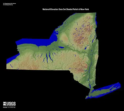 This relief map shows the lowlands in the centre of this ecoregion, and the Mohawk Valley linking to the Hudson River.