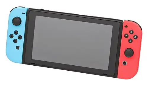 A photograph of a Nintendo Switch console in handheld mode, with a blue and a red controller attached on either side.