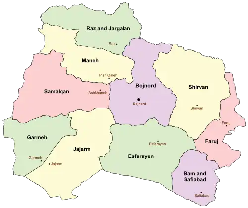 Location of Jajrom County in&nbsp;North&nbsp;Khorasan&nbsp;province (bottom,&nbsp;yellow)