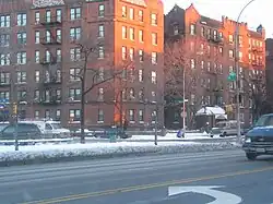 Apartment buildings at Ocean Parkway and 18th Avenue as seen on a snowy day