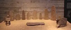 Stelae and statues from Orthostat temple in Hazor. The crescent stele is in the niddle of the line