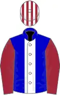 Blue, white stripe, maroon sleeves, maroon and white striped cap