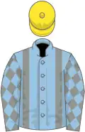 LIGHT BLUE, grey braces, grey sleeves, light blue diamonds, yellow cap