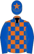 Orange and royal blue check, royal blue sleeves, royal blue cap, orange star