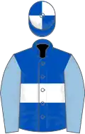 Royal blue, white hoop, light blue sleeves, royal blue and white quartered cap