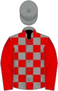 Grey and red check, red sleeves, grey cap