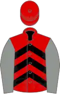 Red, black chevrons, grey sleeves, red cap