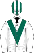 White, dark green chevron, white sleeves, white cap, dark green striped