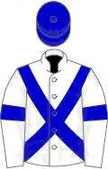 White, blue cross belts and armlets, blue cap