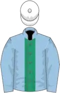 Light blue, emerald green panel, white cap
