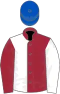 Maroon and white halved, sleeves reversed, royal blue cap