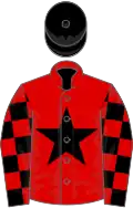 Red, black star, black and red check sleeves, black cap