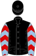 Black, light blue sleeves, red chevrons, black cap
