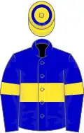 Blue, yellow hoop, yellow cap with blue hoop