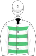White, emerald green hoops, white sleeves and cap