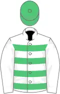 White, emerald green hoops, white sleeves, emerald green cap