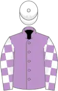 Mauve, mauve and white check sleeves, white cap